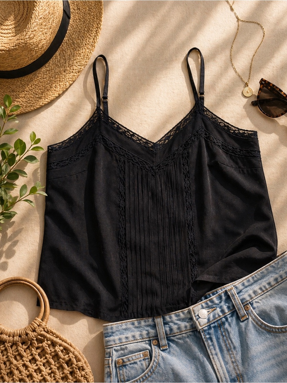 Abercrombie & Fitch Black Lace-Trim Satin Camisole